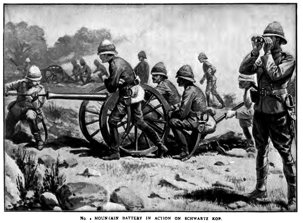 4th Mountain Battery, in action on Schwartz Kop, South Africa, 1900.